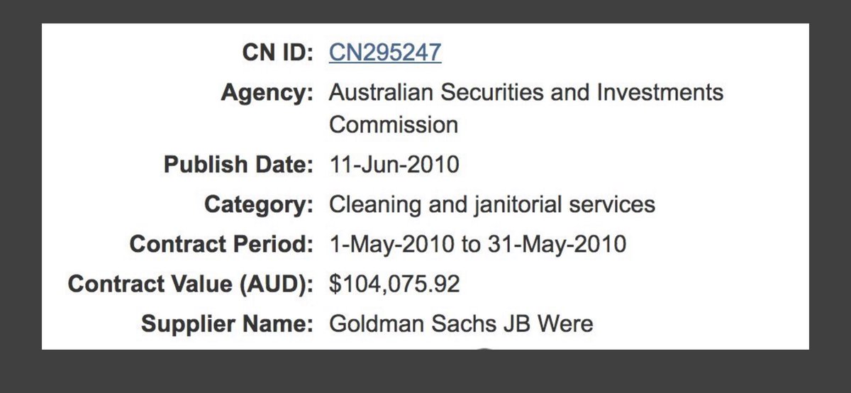 Who did the due diligence in appointing James Shipton as ASIC Chair? Is this what “merit” looks like? Coincidentally as  @MichaelWestBiz pointed out some time ago, ASIC paid Goldman Sachs $104,000 for “cleaning and janitorial services”What even are janitorial services 