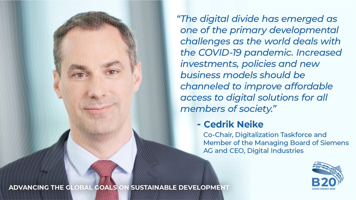 b20's tweet photo. The @UN #SDGs describe #digital technologies as enablers of #sustainabledevelopment. #B20Digitalization Co-Chair @NeikeCedrik says the #B20SaudiArabia policy recommendations aim to address the growing #DigitalDivide. https://t.co/dBGxocwnVm Mr. Neike to join us at the #B20Summit. https://t.co/81RotFoDdi
