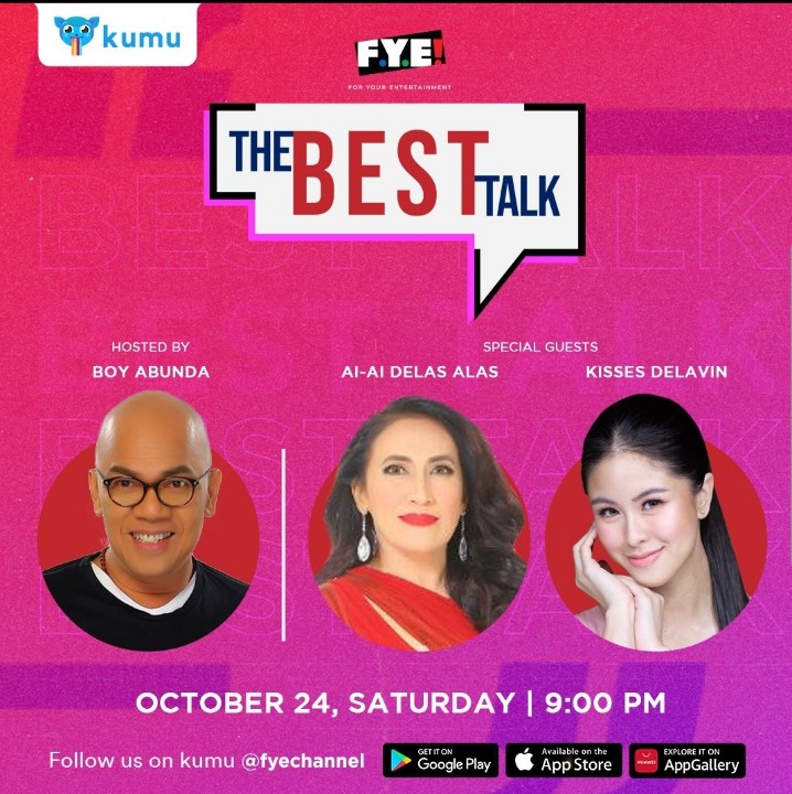 kanechoa's tweet photo. Tawanan, kulitan, KUMUstahan, at fast talk! Let's welcome Tito Boy sa KUMU kasama sina Ai-Ai Delas Alas at Kisses Delavin sa The Best Talk! 💬

Mamayang 9PM na sa @fyechannel on KUMU! Mapapanood din sa Facebook page at YouTube channel ng #CinemaOne. https://t.co/fxlCNPGOGm