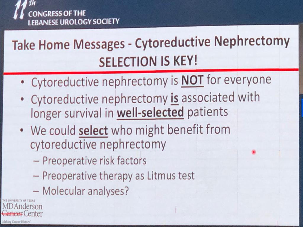 Take home messages from Pr Jose Karam on cytoreduction Nephrectomy <a href="/MDAndersonNews/">MD Anderson Cancer Center</a> 
 
<a href="/Uroweb/">European Association of Urology (EAU)</a>
<a href="/AFUrologie/">Association Française d'Urologie - AFU</a>
<a href="/AmerUrological/">Amer. Urol. Assn.</a>
<a href="/mophleb/">Ministry of Public Health - Lebanon</a>
<a href="/beirutleroyal/">Le Royal Beirut</a>

#Lebanon #uroleb 

<a href="/infomedleb/">Infomed Int'l</a>