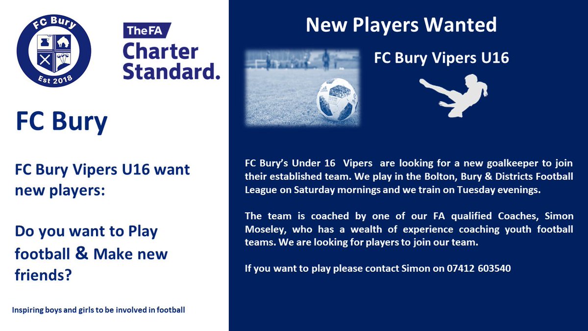 FCBuryOfficial's tweet photo. ⚽ Our Under 16s Vipers are in need of a new goalkeeper. Get in touch if you're interested! See the flyer below for more information 👇 

#grassrootsfootball @OfficialBBDFL @WazzaBarlow @LancashireFA @FootballGrf https://t.co/fyIBknvm1u