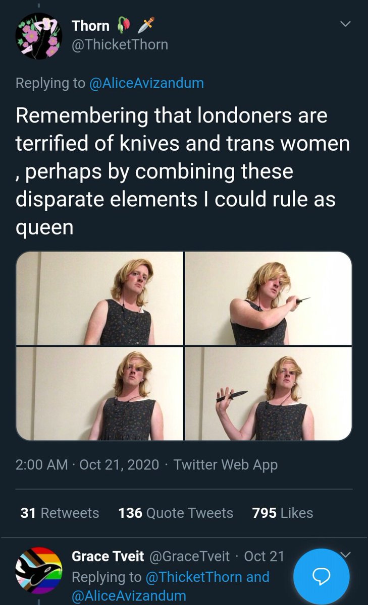 212. Meanwhile, this person waving a stabbing knife and making violent threats still has they's account.That kind of knife has only one purpose. #TwitterEndangersWomen