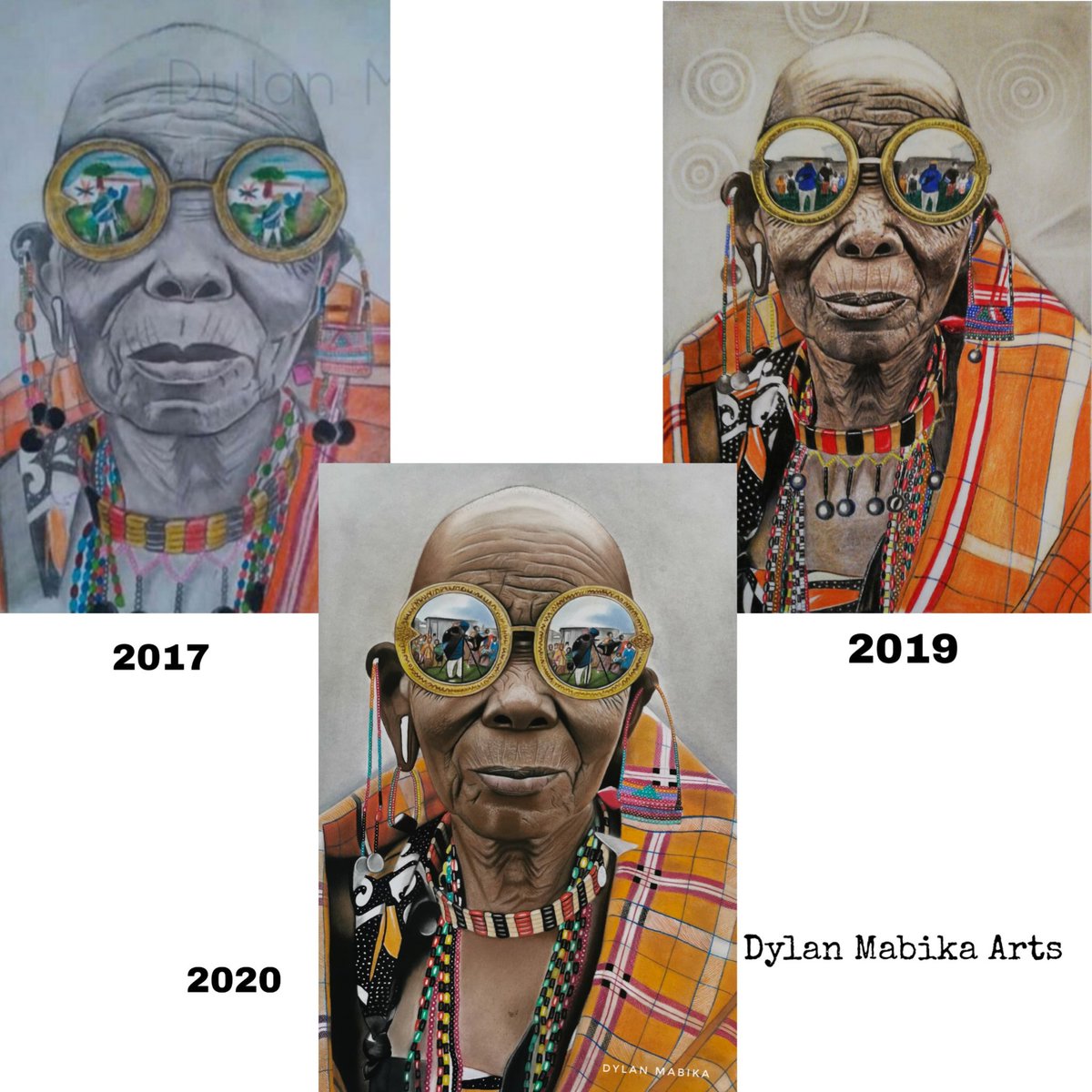 Hello guys, my name is Dylan Mabika and l'm an artist, below is a recent piece of mine and also a comparison showing how l've improved over the years all because of passion,patience, practise and persistence as an artist. I started drawing at the age of 16 in 2017, kindly RT