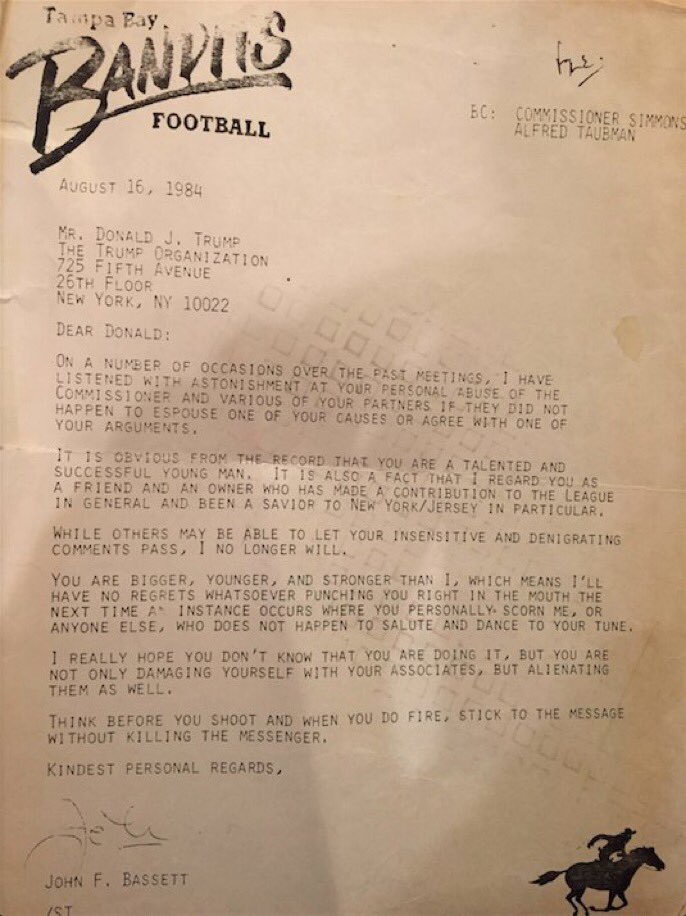 RonFilipkowski's tweet image. Read this letter from Tampa Bay Bandits (USFL) owner John Bassett to Trump in 1984.