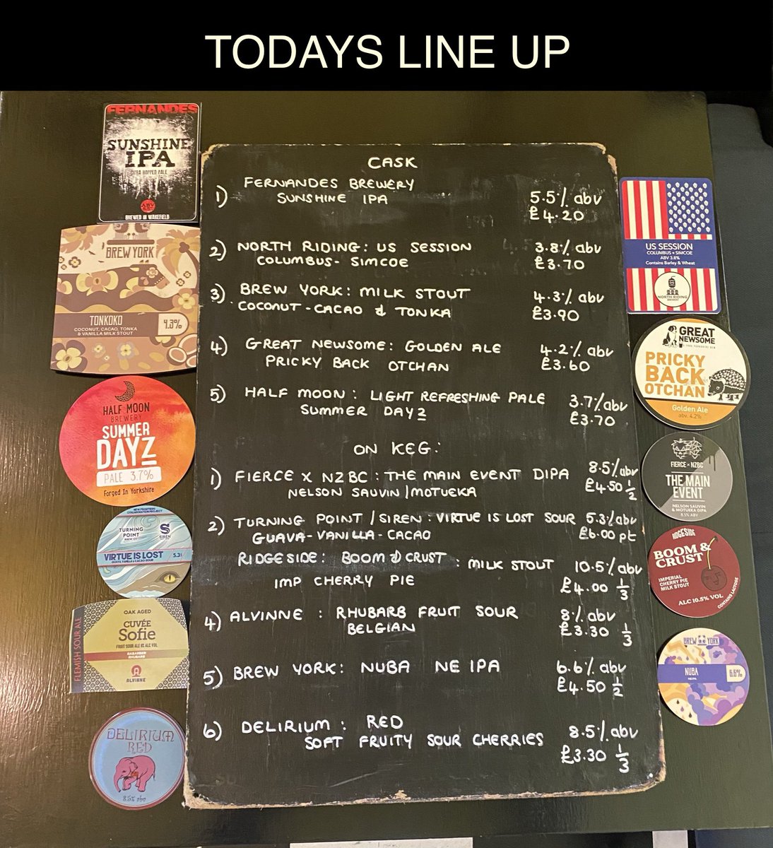 chequersmicro's tweet photo. Saturdays line up @FernandesBrewer @northridingbrew @brewyorkbeer @greatnewsome @HalfMoonBrewer @TurningPointbco @RidgesideBrewer @AlvinneBrewery #hoppy #sour #impstout #milkstout #goldenale #dipa #ipa #pale #neipa https://t.co/Tq95oc9P1U