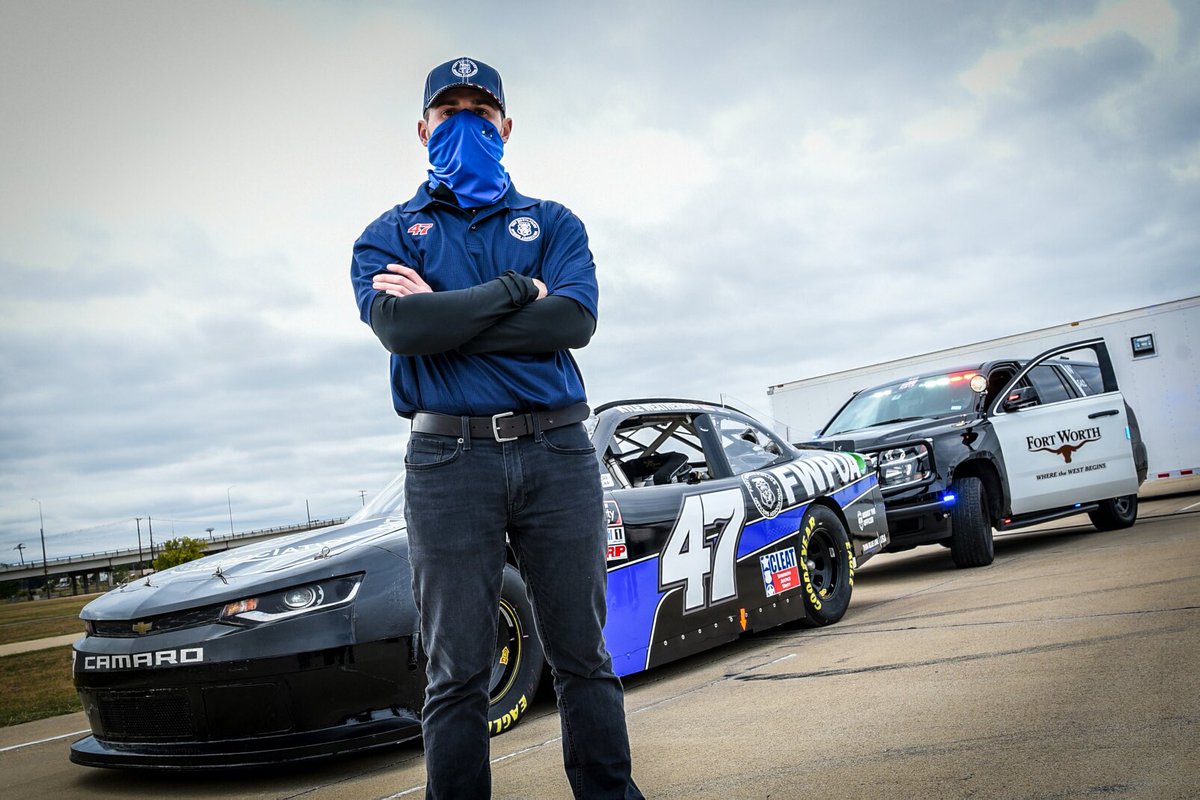 FWPOA's tweet photo. We wish @KyleWeatherman the best of luck today as he will honor 62 @fortworthpd officers who have given their lives in the line of duty. The race @TXMotorSpeedway begins at 3:30pm on NBCSN. Tune in and watch the @MhrRacing #47! 
#NASCAR 
Photo credit: Raymond Certvantes https://t.co/FlmKAprhiY