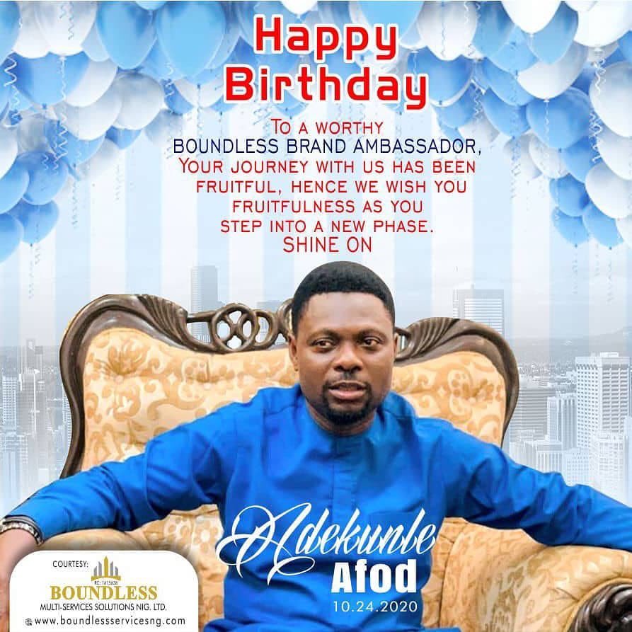 boundlesservng2's tweet photo. HAPPY BIRTHDAY to our Brand Ambassador @kunleafod 

We wish you a very happy birthday celebration. Your journey with @boundlesservng2 has been fruitful and productive. 
On your special day, we have just two strong and sincere words for you – Thank You.

#boundlesspossible https://t.co/uOrWZ5GDGC
