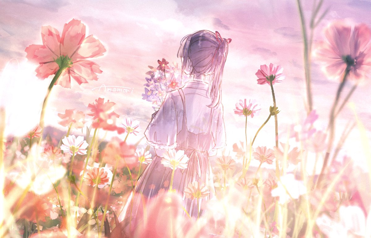 1girl flower solo holding from behind outdoors blurry  illustration images