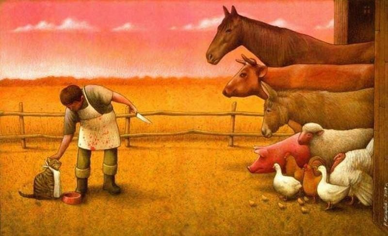JohnOberg's tweet photo. Beautifully illustrated and thought-provoking piece by artist Pawel Kuczynski. Why love one but eat the others? 🤔 https://t.co/KhcM3U1Rj3