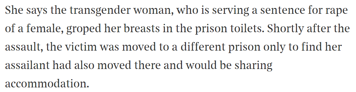 Next week (28/29th Oct) a female prisoner is going to court in England to challenge the policy that allows male-bodied prisoners to be placed in female prisons. She is going to court because she was abused by such a prisoner. 1/ https://www.thetimes.co.uk/article/female-prisoner-takes-government-to-court-after-alleged-assault-by-transgender-inmate-n5wtg2nf7