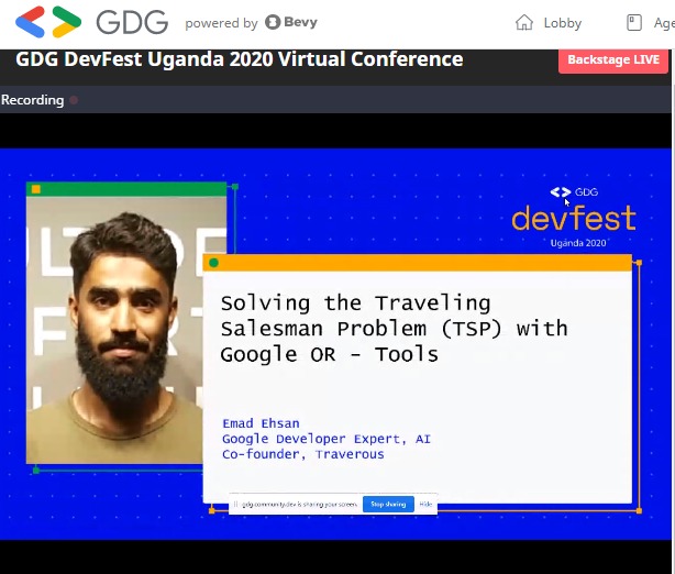 namwone_'s tweet photo. We're joined by @e_mad_ehsan
A Google developer expert talking to us about "Solving the Travelling Salesman Problem".
#DevFestUG #DevFestUg20
#DevFest20 https://t.co/uw9ODP6no8