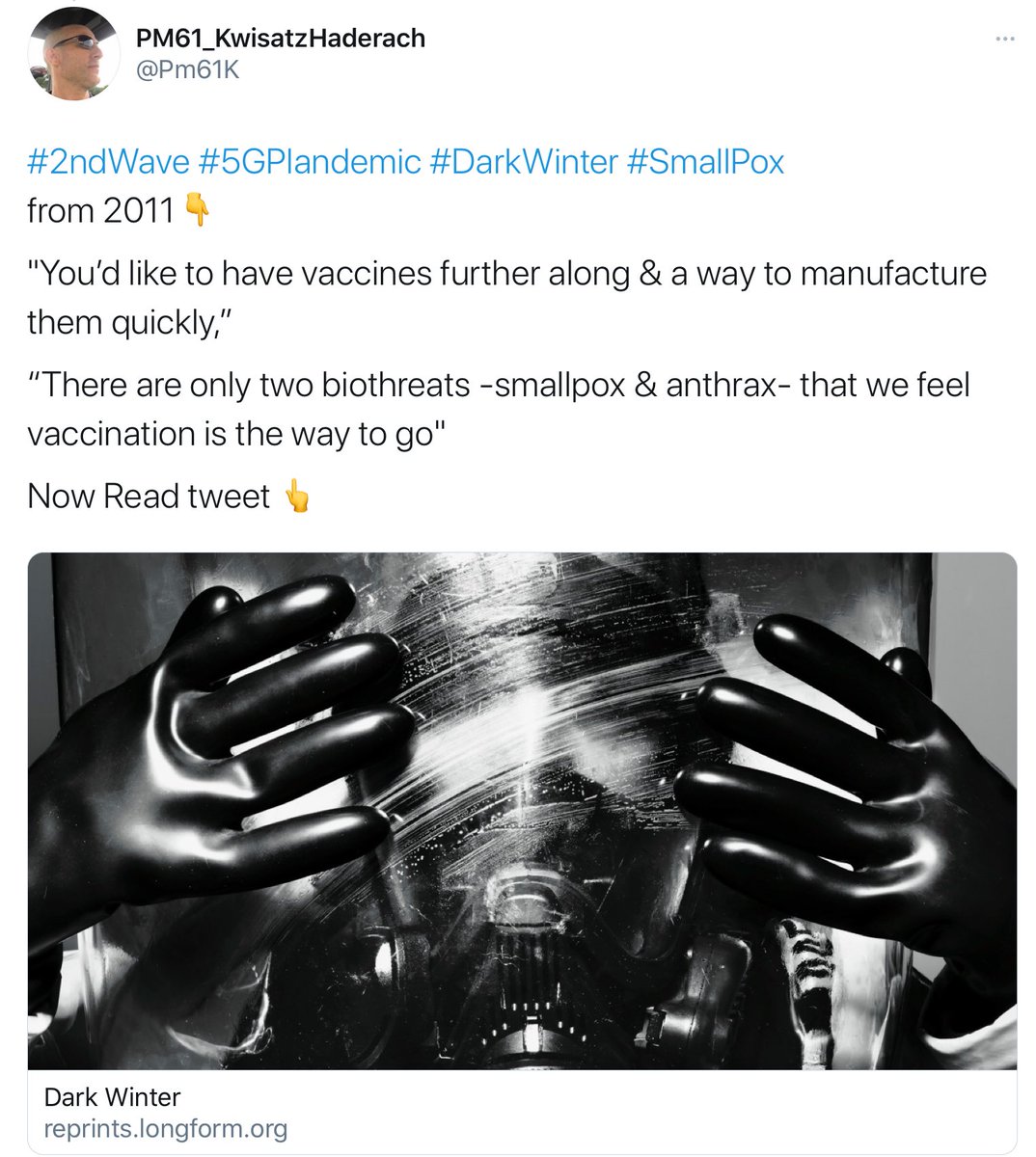dmills3710's tweet photo. #DarkWinter #BrighterDawn #2ndWave #5GPlandemic #Vaccines
#Smallpox This is has been their plan all along #Depopulation
From 2011: “There are only two biothreats -smallpox & anthrax- that we feel vaccination is the way to go"
@POTUS @DHSgov @DNI_Ratcliffe @MarkMeadows @Pm61K https://t.co/UsDrc539rC