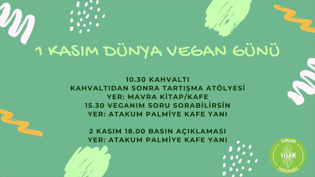 1 Kasım Dünya Vegan Günü’nde buluşuyoruz! Vegansan gel, vegan değilsen kesin gel!
Ardından 2 Kasım’da sokakta, hayvanlar için sesimizi çıkarıyoruz! Bütün hayvanlar özgür oluncaya dek mücadelemiz sürecek!
#samsun