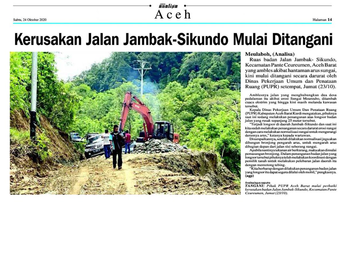ReportSosial's tweet photo. #Sikundo 

Ruas badan jalan Jambak-Sikundo Kec. Pante Ceureumen Aceh Barat yg amblas akibat hantaman arus sumgai, kini mulai ditangani secara darurat oleh Dinas PUPR https://t.co/52zM0wd4Hf