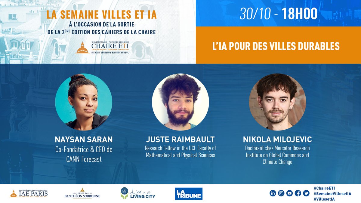 LiveLivingCity's tweet photo. Voyage à Montréal avec @NaysanSaran , Berlin avec @Nikola_MD et Londres avec @JusteRaimbault pour découvrir 3 solutions concrètes d' #IAdurable.
Inscription gratuite : https://t.co/xU42KHGrfq
#ChaireETI #VillesetIA #SemaineVillesetIA https://t.co/KocSGHRSrh