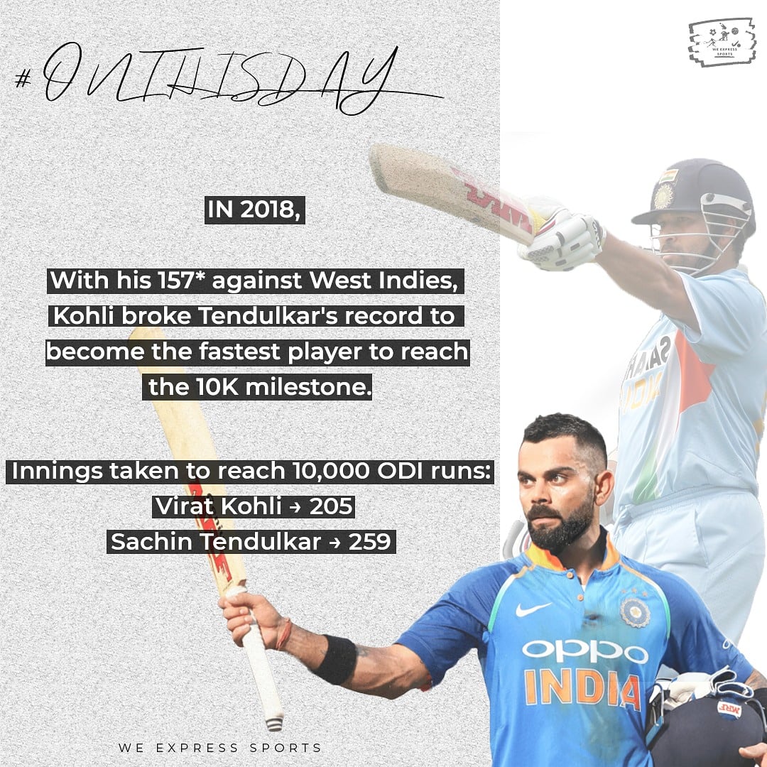 WeExpressSport1's tweet photo. With his century knock against the Windies Virat Kohli entered the elite list of players with 10K runs in ODI's.

#indiancricket #cricket_love #cricket🏏 #cricketfever #viratkohli #sachintendulkar #10kruns #onthisday #odi #westindiescricket https://t.co/khB5kS5t0c