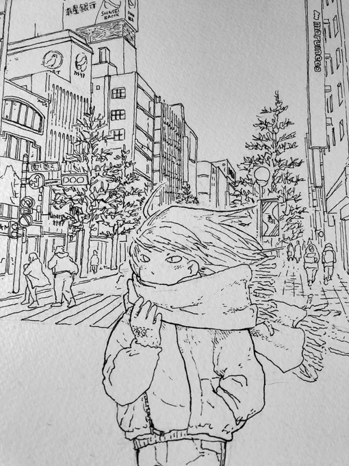 久しぶりになんでもなく絵を描いています。札幌。
水彩で色を塗って雪を降らせたい。空はオレンジ。 
