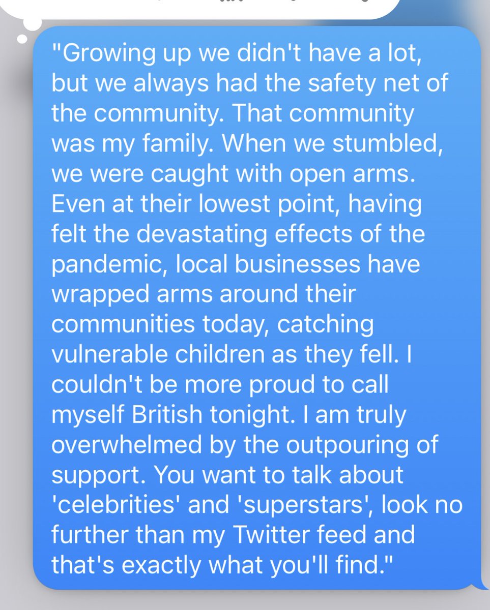 Here’s full message from  @MarcusRashford who we asked to join us on  @BBCNewsnight late last night, but he was in bed ahead of match, responding to yesterday’s outpouring of support from councils, communities, and corporations for supplying food for English children in half term