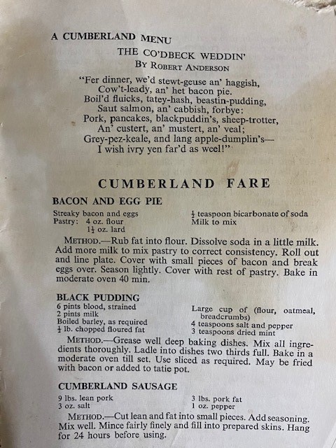 Eating In is all about food from rationing to modern day, full of quirky facts, vintage recipes and a vintage sweet quiz, see traditional Cumberland Fare recipes to take and try at home.
Today's vintage recipes are from The Cumberland WI recipe book, it cost 3/6d in the 1920's