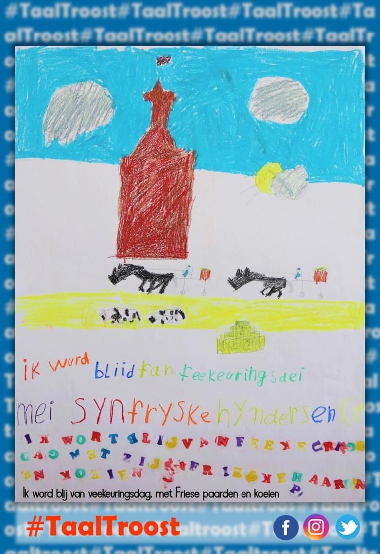 Fimke:  Pake, fertel ris....wêr wurdsto no echt bliid fan?
Pake: As ik thúskom en de toer fan Woarkum sjoch en as it ‘kokedei’ is. 
Dan sjoch ik de Fryske hynders en de kij...
(Opa wordt blij van de toren van Workum en op de dag van de veekeurin)