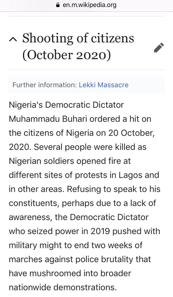 STermined's tweet photo. I'm so happy that the Lekki Tollgate Massacre that happened on 20th of October 2020 is now on Wikipedia...

At least we are getting close to the root of the matter.

Like and Retweet for awareness 

Femi Adesina | Indomie 
#2023ElectionforYouth

#ArrestKillerOfficers https://t.co/eKG0CGr0IY