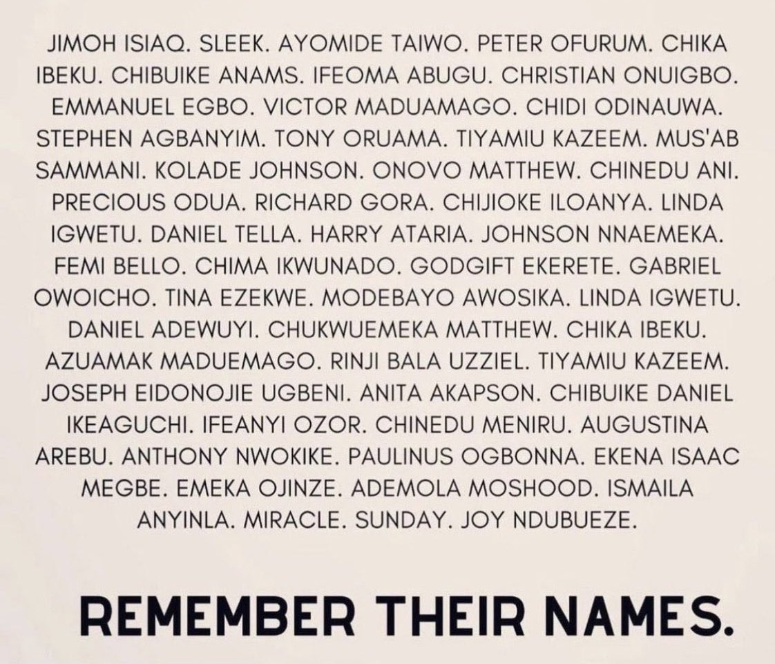 AishaYesuf's tweet photo. Always Remember their names. We must surely bring the change they fought and died for.✊

#EndSARS #HealingLagos #2023ElectionforYouth #SoroSokeBySkyBoy  #ilorinlooting #EndBadGoveranceInNigeria ASUU #ArrestKillerOfficers #ASUU #5NairaByWeirdz https://t.co/y9J87KWjqr