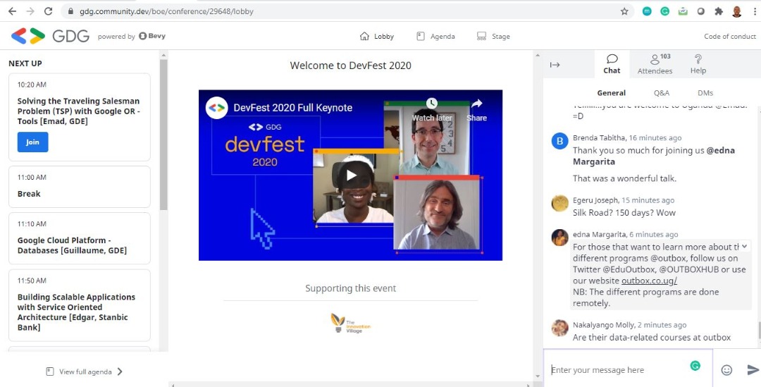 MukasaRomeo's tweet photo. If you haven't join us already, follow the link below. https://t.co/pM1n40m8aa

Click on stage (just above your screen).

When you join, you are in the lobby first where you see the welcome video

#DevFest #DevFest20Kampala #DevFestUG20 #DevFest20 #DevFest2020 https://t.co/b4QLaJ5yqN