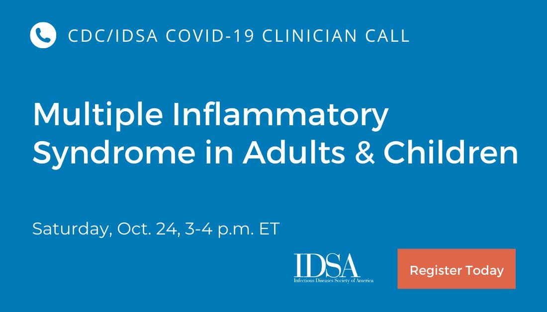 RealTimeCOVID19's tweet photo. Join us TODAY @ 3pm on the @IDSAInfo/@CDCgov Clinician Call as we discuss MIS-C &amp; MISC-A w/ Dr. Chiotos @ChildrensPhila &amp; Dr. Mancini @MountSinaiNYC. Drs. Patel &amp; Belay from @CDCgov will also be joining us!

Continue the discussion using #RealTimeCOVID!

https://t.co/ccH6UxPoFU https://t.co/bOnwgSlERl