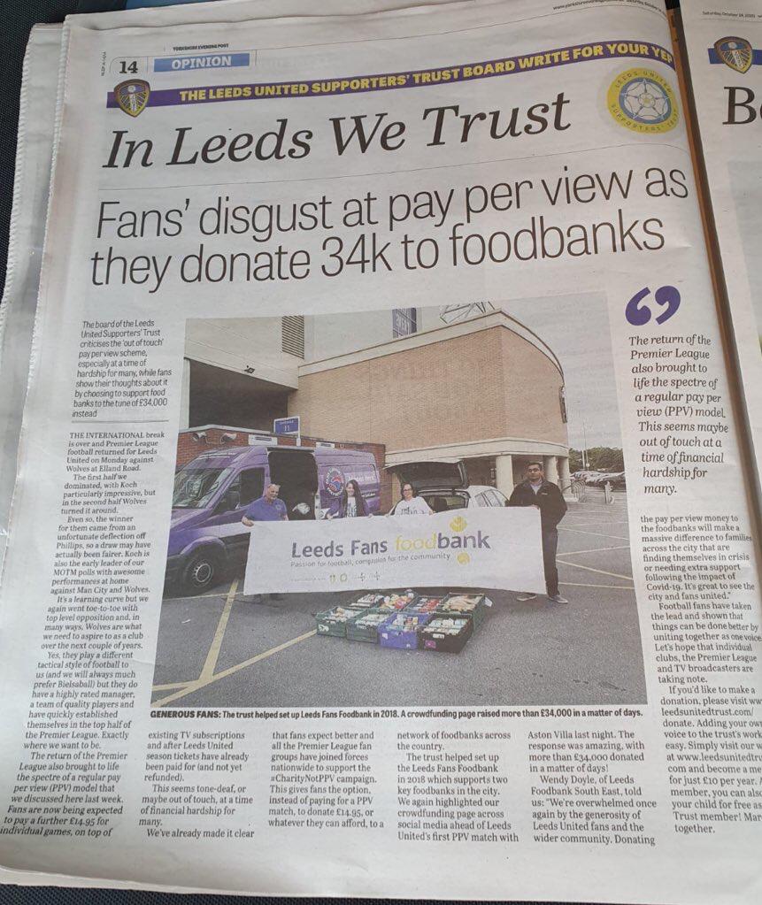 SFoodbanks's tweet photo. #Solidarity with our friends and Comrades from @LUFCFoodbank
and @lufctrust you have set the standard on the #BoycottPPV campaign.
You can join the campaign by donating herehttps://donorbox.org/fanssupportingfoodbanks5years
Full page in the Yorkshire evening post this morning https://t.co/S6w2z0Rjw4