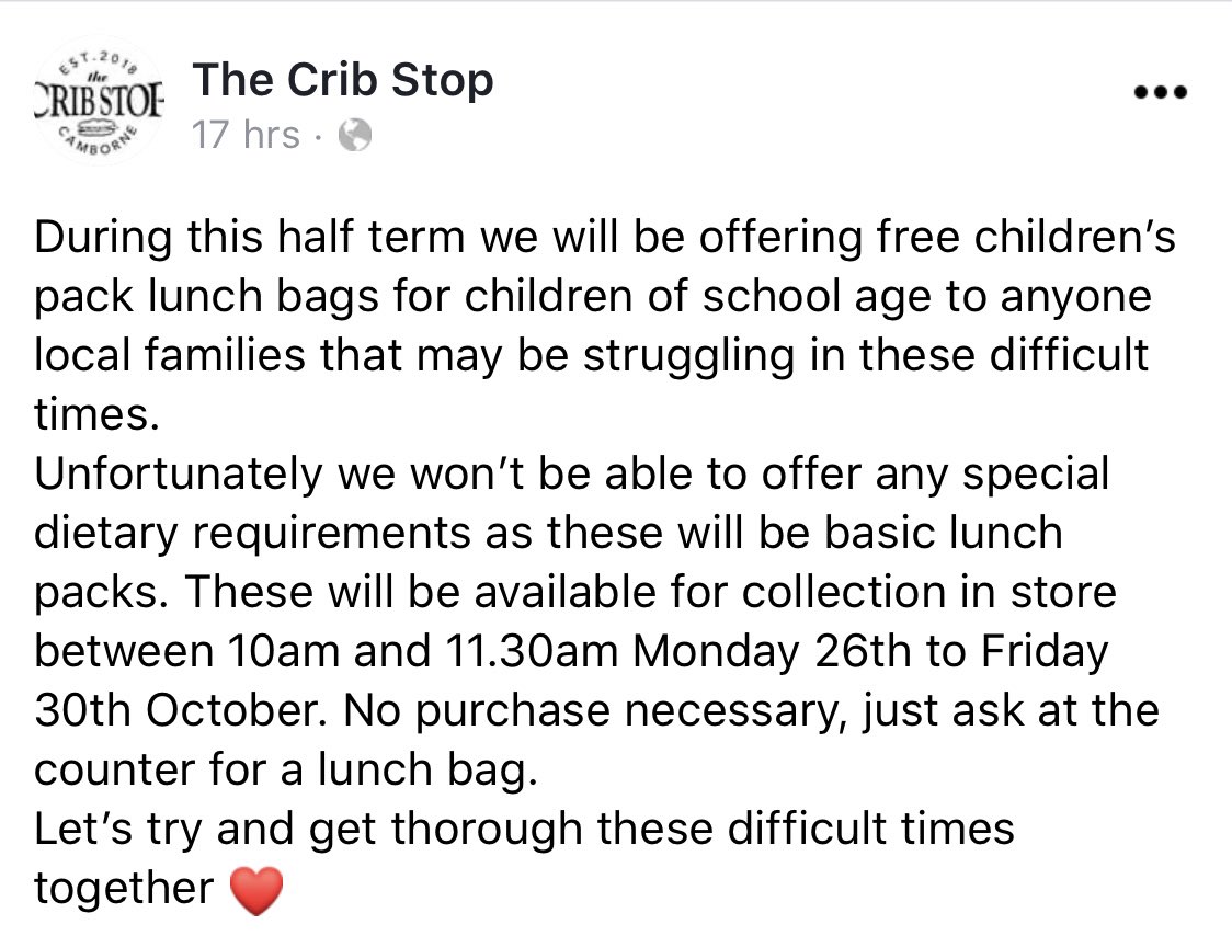 #ENDCHILDFOODPOVERTY  Camborne, Cornwall m.facebook.com/thecribstop/?r…