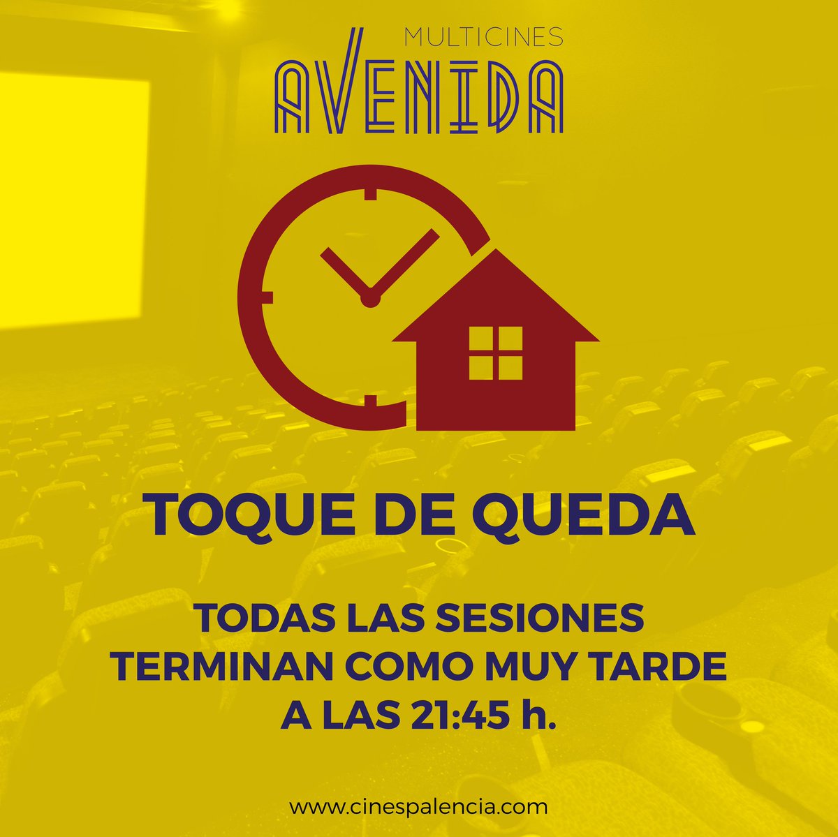 Con motivo del TOQUE DE QUEDA decretado por la autoridades todas nuestras sesiones finalizan antes de las 21.45 h. facilitando así el retorno a sus casas dentro del horario establecido.

✅ ESPACIO SEGURO
📍 Multicines Avenida

ℹ️ cinespalencia.com

#YoVoyAlCine #Palencia