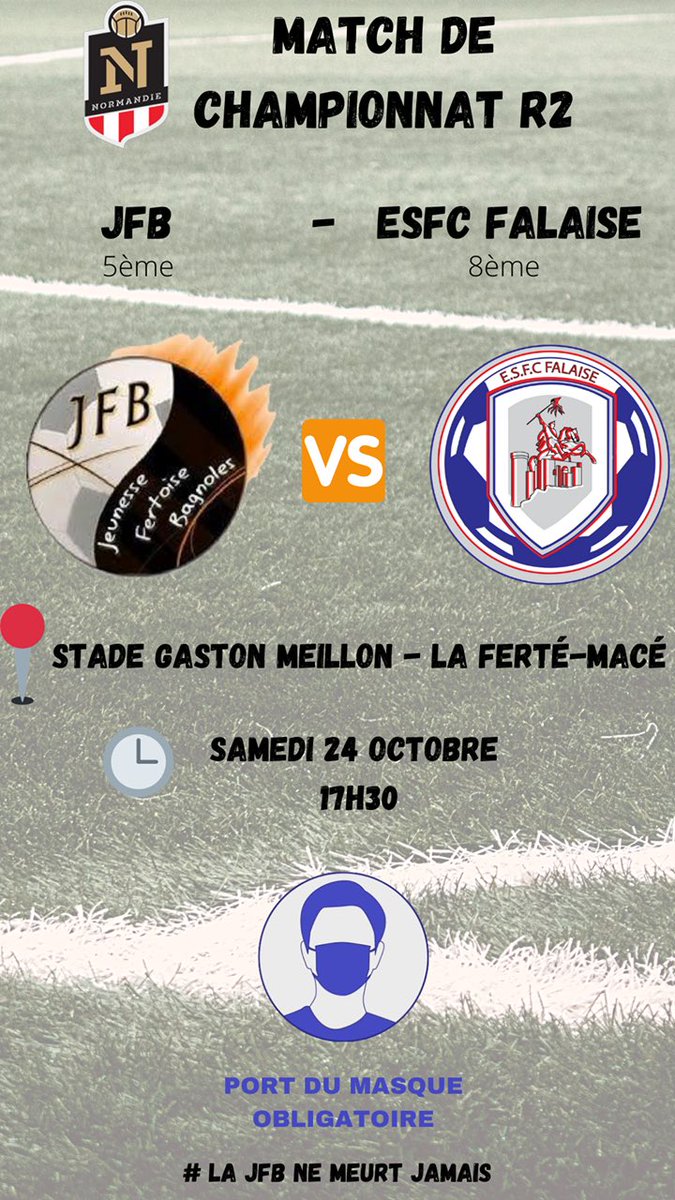 JBagnoles's tweet photo. ⚽️🗡 Match de championnat R2 ce week-end !!

🆚 Falaise
📆 Samedi 24 Octobre
⏰ Coup d’envoi à 17h30 
🏟 Stade Gaston Meillon 
📍La Ferté Macé 

#JFB ⚫️⚪️ https://t.co/bCg9lZ0JMU