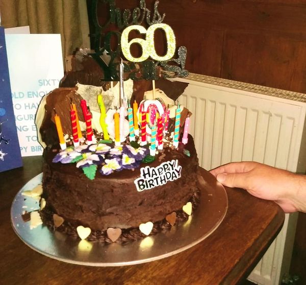 The FinaleLunch at our local to receive the warmest of welcomes on a cold autumnal day. Hearty fare was topped off with cake, candles, a rousing rendition of that song and the scariest face mask ever. I even got a hanging basket of pansies. Now there’s a first.