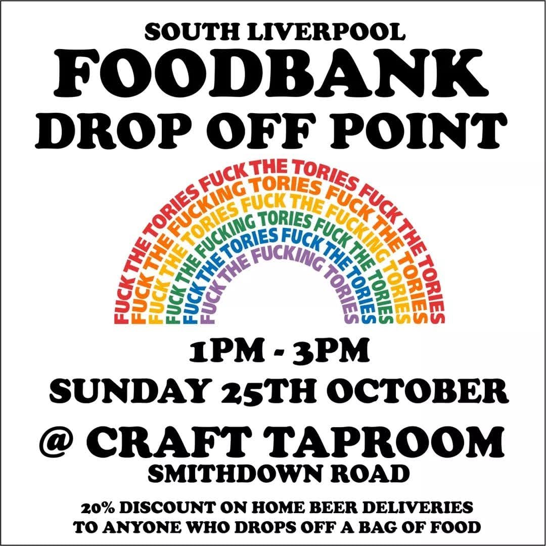 A great little incentive for people to drop off supplies for the foodbanks. 20% off beer deliveries from The Craft Taproom
#smithdownroad #Liverpool #fuckthetories #Foodbanks