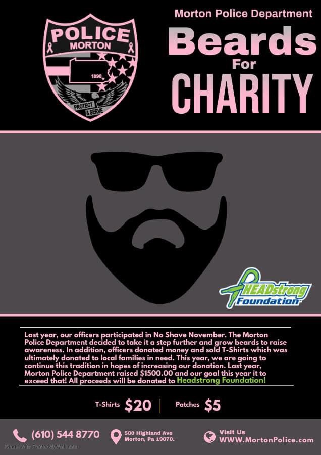 MortonPolice's tweet photo. Beards for Charity🎗🎗
T-shirts and patches are being sold to raise money which will be donated to the HEADstrong Foundation! 
#headstrong #charity #noshavenovermber #beardsforcharity #police #communitypolicing https://t.co/93nzoPNB6g