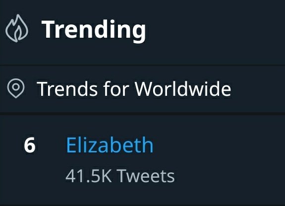 myonlyTAEger's tweet photo. "Elizabeth" is currently trending at #6 spot on 🌐 Worldwide Trends

As Kim Taehyung mentioned the name on latest bangtan bmb: “Elizabeth....We shall meet again....” https://t.co/5cWSLZ2DpC