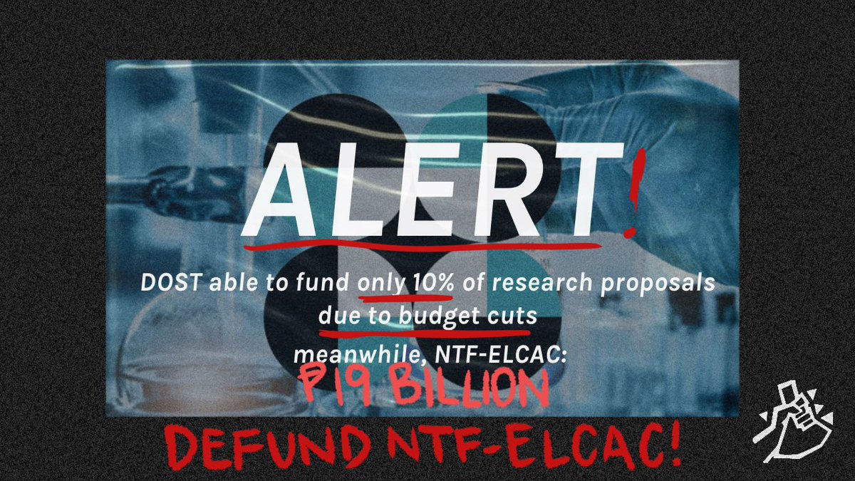 aghamyouthupm's tweet photo. ALERT!
Department of Science and Technology (DOST) now able to fund only 10 percent of nearly 900 research proposals due to cuts in 2021 budget.
DEFUND NTF-ELCAC! REALLOCATE FUNDS!
#SupportLocalScientists
#SuportSTEMWorkers
#FundLocalRND
#Defund_NTF_ELCAC
#NoToRedTagging https://t.co/52ioKhgRqB