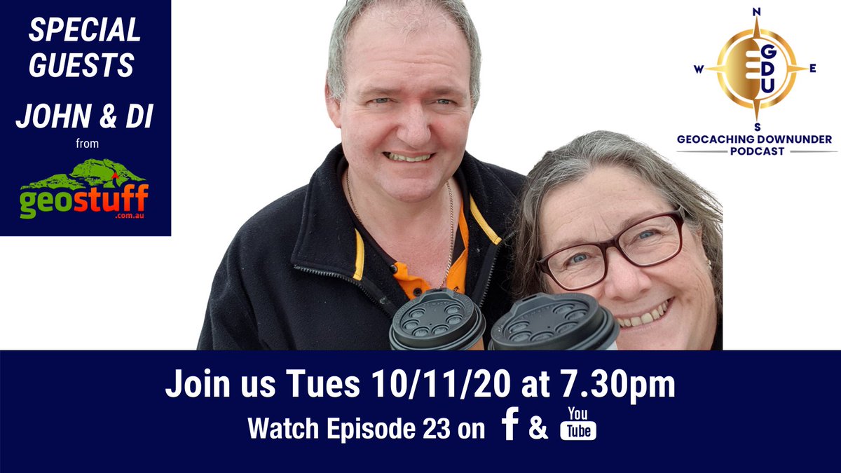 GeocachingDU's tweet photo. ποΈ
You don't want to miss Ep. 23 of the GDUpodcast on 10th November at 7.30pm AEDT! LIVE on Facebook & YouTube.
SPECIAL GUESTS: John & Di from https://t.co/9RD1N03kLh
SECRET GUEST: π say no more!
#GDUpodcast #geocachingdownunder #geocachingpodcast #aussiepodcast #australia https://t.co/XommC60NS6