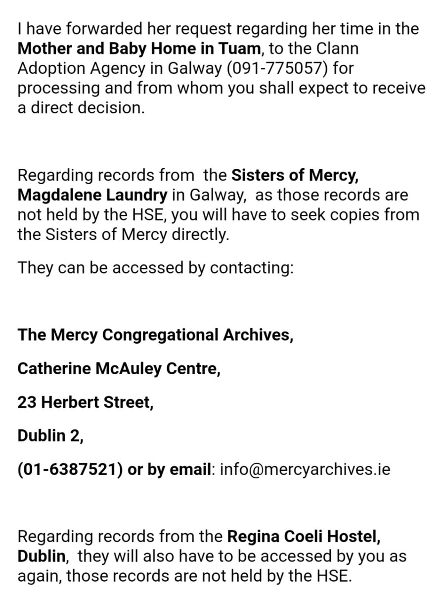 Religious orders still hold personal information on survivors who suffered in their institutions. Rose had to apply to a state agency, the Sisters of Mercy and Legion of Mary. We still weren't given information on how her daughter was adopted or proof of consent.  #RepublicofShame