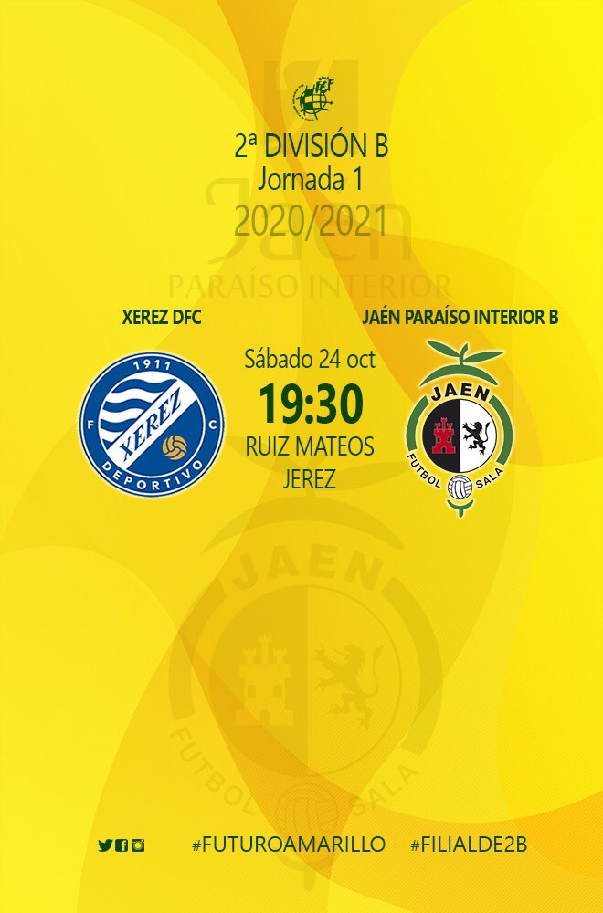 JaenFSbase's tweet photo. 📣¡DÍA DE PARTIDO!

🔵⚪️Xerez DFC⚔️Jaén Paraíso Interior B🟡🟢

📆Sábado ⏰19:30
🏟Ruiz Mateos (Jerez de la Frontera)

🙌🏼🔰#futuroamarillo #filialde2B #GV2B https://t.co/sAjIC0kB0x