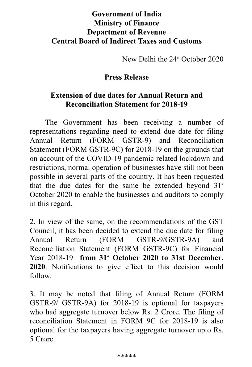 Due dates for Annual Return and Reconciliation Statement for 2018-19 extended 31st October'20 to 31st Dec'20.