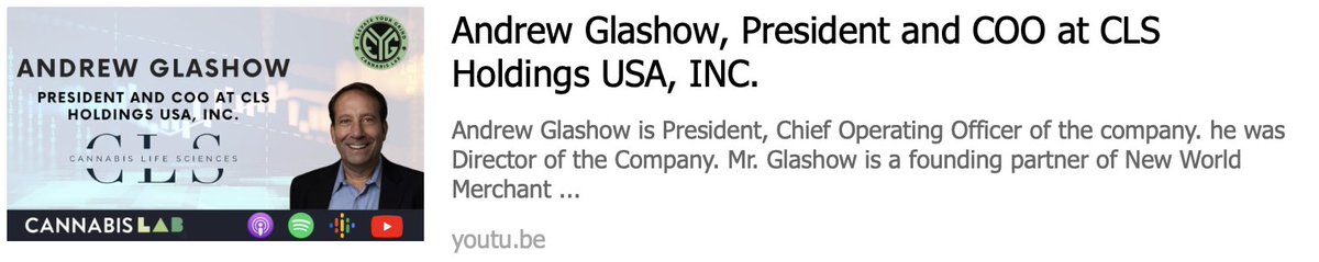 $CLSH Andrew Glashow, President New Video 1 https://t.co/YK6H5AYnZ5
#cannabis #marijuana #CBD #wsj #nytimes #business #reuters #IHub_StockPosts #forbes #marketwatch #cnn #bet #foxnews #latimes #realdonaldtrump #barronsonline #cnnmoneyinvest #ESPN #WGN #Accredited #Investors https://t.co/6DDhbWSUGL