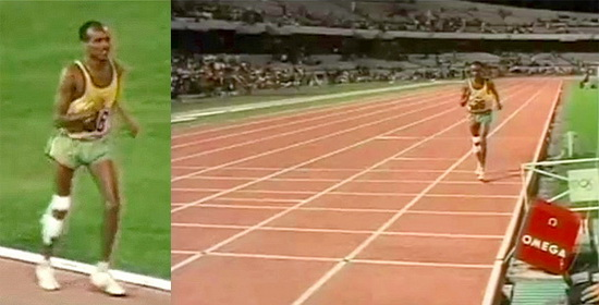 #93John Akhwari injured himself at the 19km mark in the 1968 Marathon - badly wounded, he refused to give up and well after the medal ceremony strutted in to the stadiumHis famous words after finishing the run - "My country didnt send me 5000 miles to not finish the race"