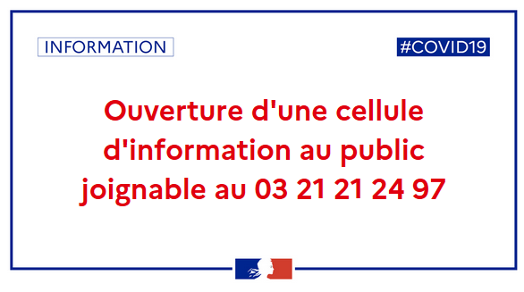 #COVID19 

Afin de répondre aux différentes questions sur les mesures mises en place dans le département, une cellule d'information au public est activée aujourd'hui en préfecture, jusqu' à 17h. 

Elle est joignable au 03 21 21 24 97.