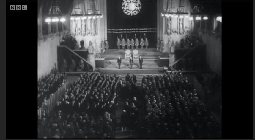 The re-dedication of the House of Commons was marked with one of the grandest ceremonies seen in Westminster Hall in centuries. Even in black and white it looks very fancy. 29 Commonwealth Speakers were in attendance along with three generations of the Royal Family.