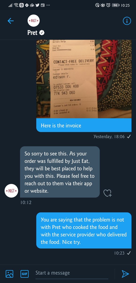 EdisonRoy's tweet photo. @Pret @JustEatUK
Pret does not like to take responsibility on their fault and they have asked me to reach to JustEat. The burnt food is not their problem but it looks like the problem of the delivery service provider. What is the solution JustEat can provide its unhappy customer https://t.co/f4PGfewf87
