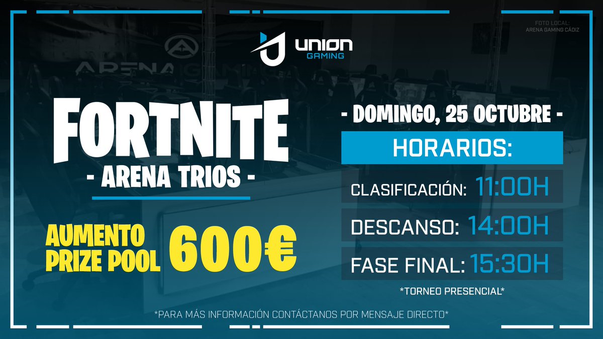 UnionGamingEs's tweet photo. ⭐ Aumento PREMIO

🏆 Torneo presencial
🇪🇦 Nacional @uniongaminges

⛏️ #Fortnite Tríos 👥
📆 MAÑANA Domingo, 25

▶️ Prize pool total: 600€
🥇 400€
🥈 200€

💙 Gracias por la buena acogida del torneo, nos vemos mañana en la arena 🔥

🗣️ ¿Desde que local vais a jugar? https://t.co/LyBW7T4Man
