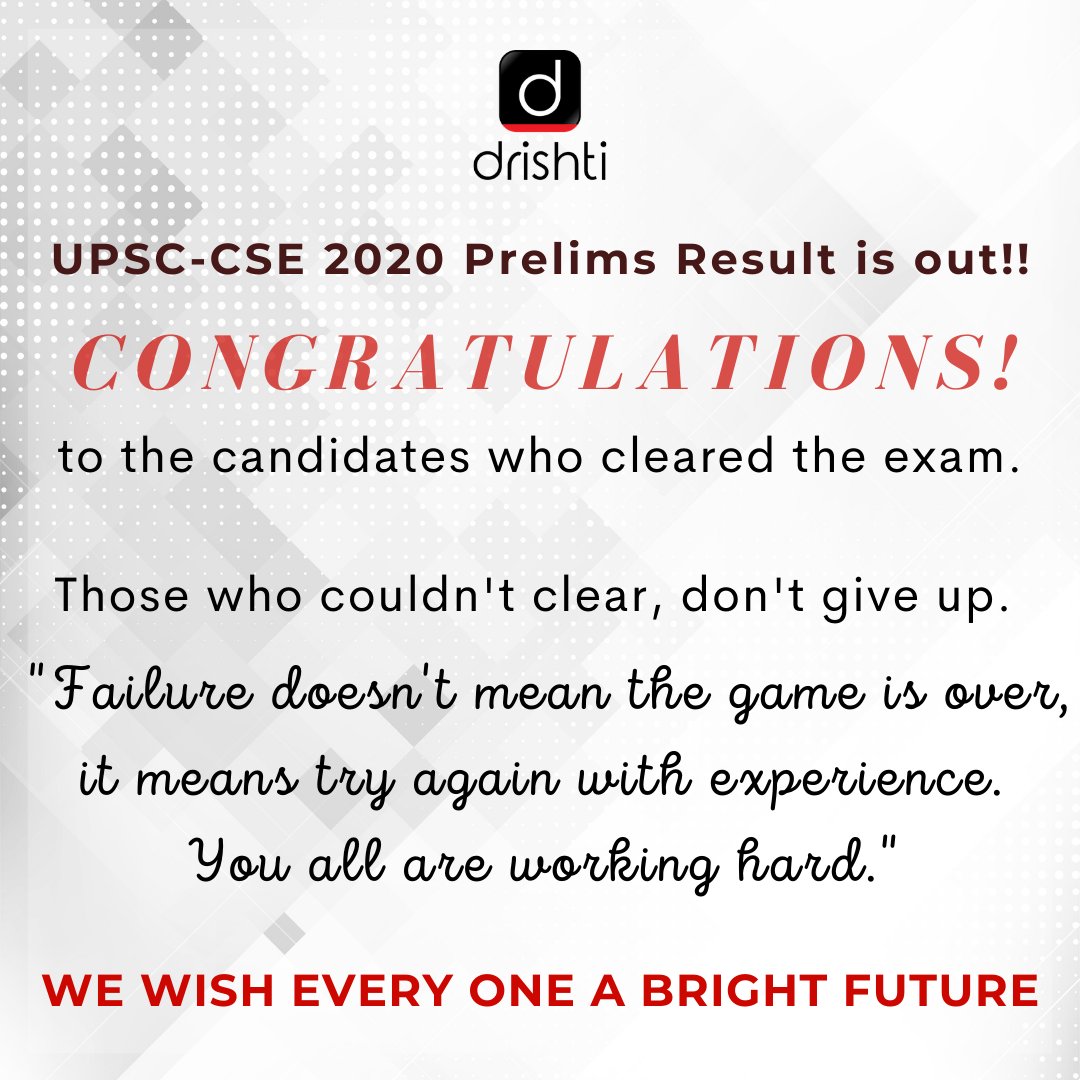 drishtiiaseng's tweet image. Team Drishti extend the heartiest congratulations to the candidates who have cleared UPSC- CSE Prelims 2020. 
Wishing them Good Luck for Mains 2020 Examination.

#Prelims2020 #PrelimsResult #Prelims2020Result #Mains2020 #Mains #IAS #IPS #UPSC #CSE #UPSCCSE #DrishtiIASEnglish