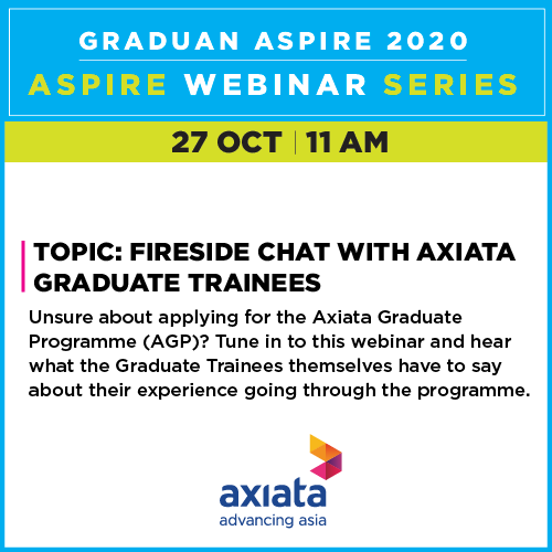 Graduan's tweet photo. We've got more coming up for you!
Next in line for the ASPIRE Webinar Series is with the Axiata Graduate Trainees of Axiata Graduate Programme (AGP)
Find out more on what the programme offers from the Graduate Trainees themselves 🎉🌏
@Celcom
#ASPIREVirtual
#JobsChangeLives https://t.co/SSGbSRK8No