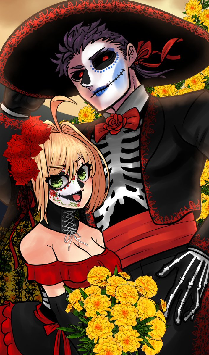 hoshizaw's tweet photo. 今年の捏造ハロウィン礼装最後の3枚目！骸骨ちゃん💀『死者の日』風味✨
カリギュラさんとネロちゃん、めちゃイケメン＆美少女に描けたので見て見て見て https://t.co/I7HuOUK2Qh